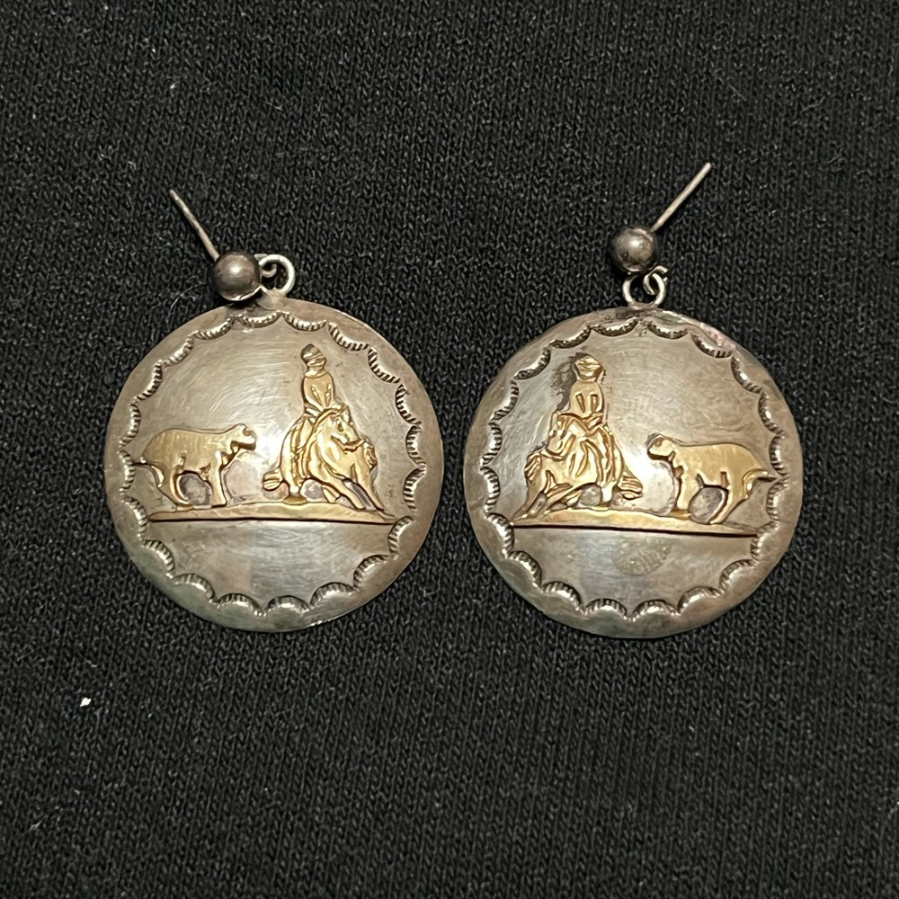 Vintage e.g. Delgarito Navajo Sterling Earrings circle Bull Matador gold tone